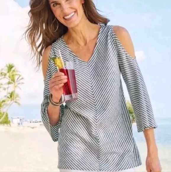 Soft Surroundings Grey Stripe Landfall Cold Shoulder Linen Tunic Top Small - Picture 1 of 6